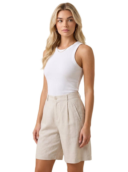 Pantalones cortos de mezcla de lino con pliegues y largo a la rodilla para mujer-Shorts for women-Casaluzia