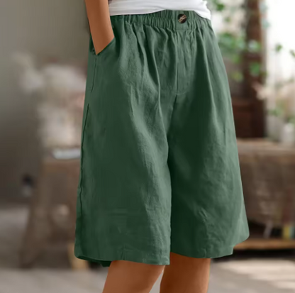 Pantalones cortos de mujer con botones frontales, cintura elástica y largo a la rodilla-Shorts for women-Casaluzia