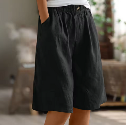 Pantalones cortos de mujer con botones frontales, cintura elástica y largo a la rodilla-Shorts for women-Casaluzia