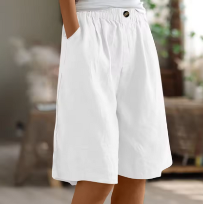 Pantalones cortos de mujer con botones frontales, cintura elástica y largo a la rodilla-Shorts for women-Casaluzia