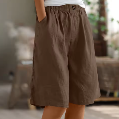 Pantalones cortos de mujer con botones frontales, cintura elástica y largo a la rodilla-Shorts for women-Casaluzia