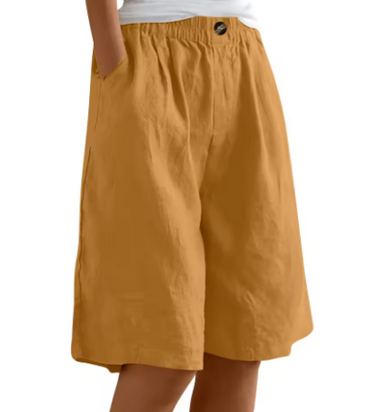 Pantalones cortos de mujer con botones frontales, cintura elástica y largo a la rodilla-Shorts for women-Casaluzia