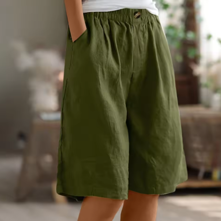 Pantalones cortos de mujer con botones frontales, cintura elástica y largo a la rodilla-Shorts for women-Casaluzia