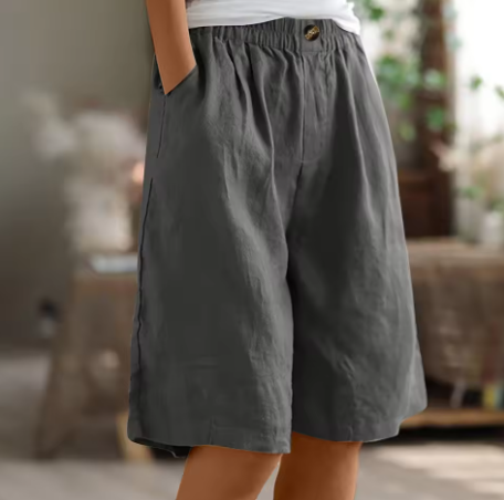 Pantalones cortos de mujer con botones frontales, cintura elástica y largo a la rodilla-Shorts for women-Casaluzia