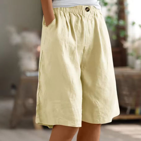 Pantalones cortos de mujer con botones frontales, cintura elástica y largo a la rodilla-Shorts for women-Casaluzia