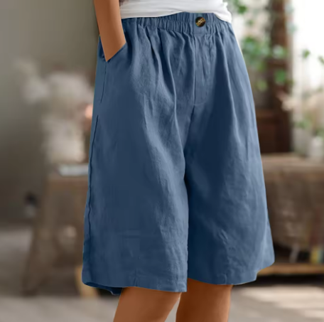 Pantalones cortos de mujer con botones frontales, cintura elástica y largo a la rodilla-Shorts for women-Casaluzia