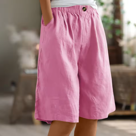 Pantalones cortos de mujer con botones frontales, cintura elástica y largo a la rodilla-Shorts for women-Casaluzia