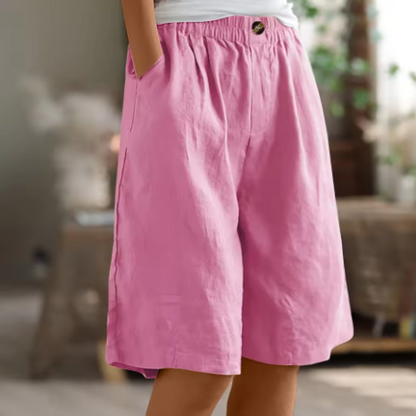 Pantalones cortos de mujer con botones frontales, cintura elástica y largo a la rodilla-Shorts for women-Casaluzia