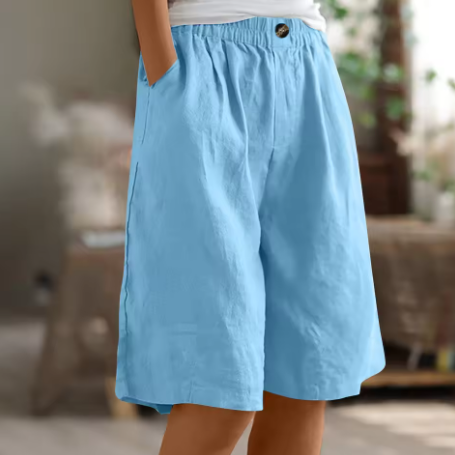 Pantalones cortos de mujer con botones frontales, cintura elástica y largo a la rodilla-Shorts for women-Casaluzia