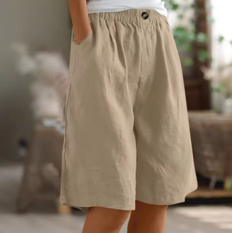 Pantalones cortos de mujer con botones frontales, cintura elástica y largo a la rodilla-Shorts for women-Casaluzia