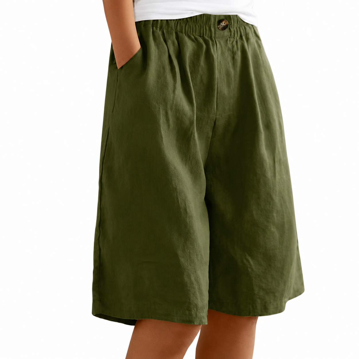 Pantalones cortos de mujer con botones frontales, cintura elástica y largo a la rodilla-Shorts for women-Casaluzia