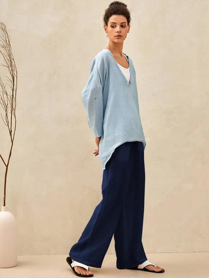 Pantalones de lino de pierna ancha con cordón para mujer-Pants for Women-Casaluzia