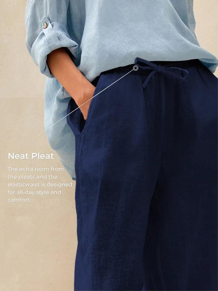 Pantalones de lino de pierna ancha con cordón para mujer-Pants for Women-Casaluzia