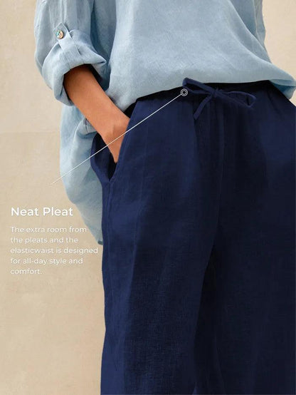 Pantalones de lino de pierna ancha con cordón para mujer-Pants for Women-Casaluzia