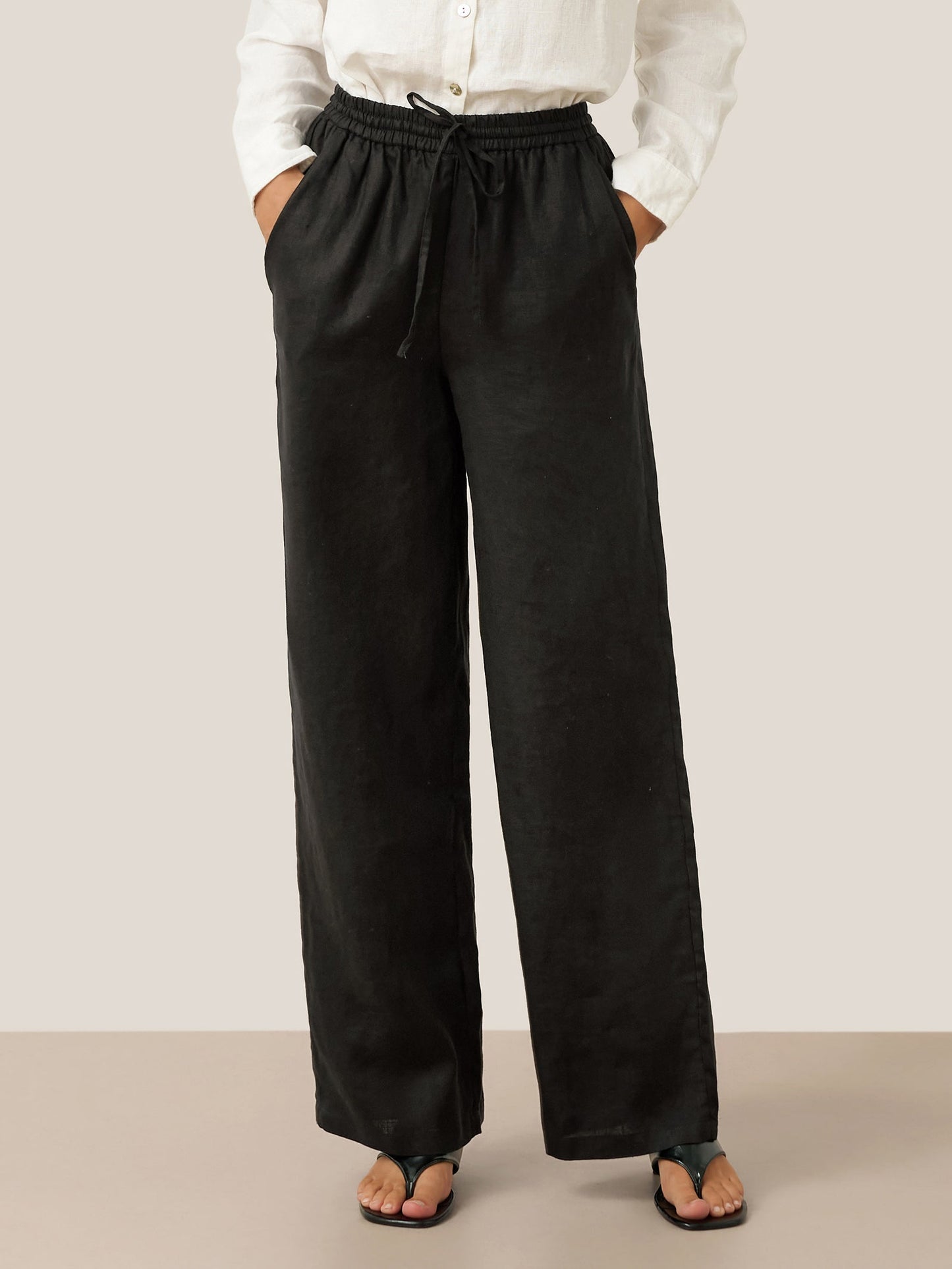 Pantalones de lino de pierna ancha con cordón para mujer-Pants for Women-Casaluzia