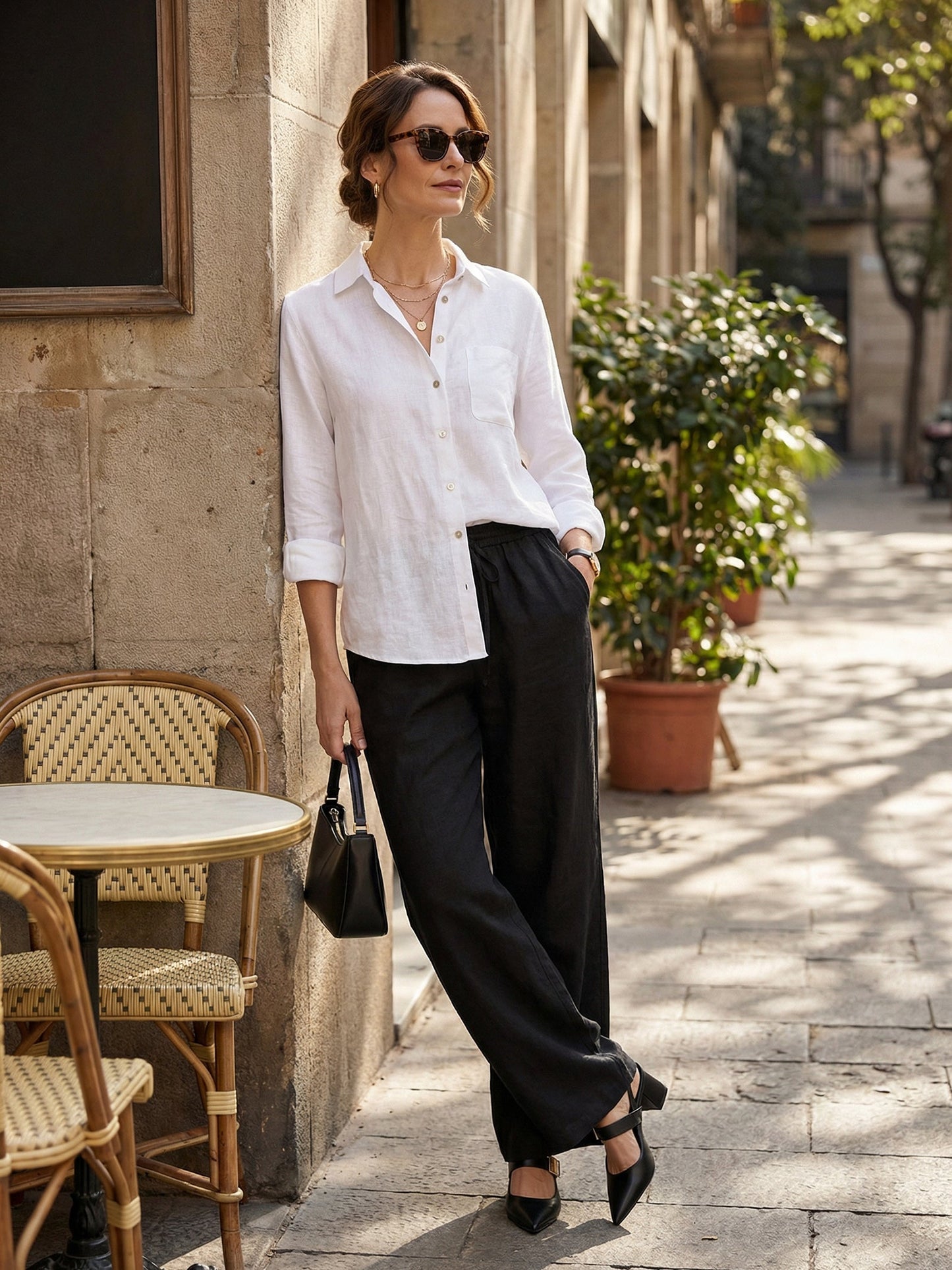 Pantalones de lino de pierna ancha con cordón para mujer-Pants for Women-Casaluzia