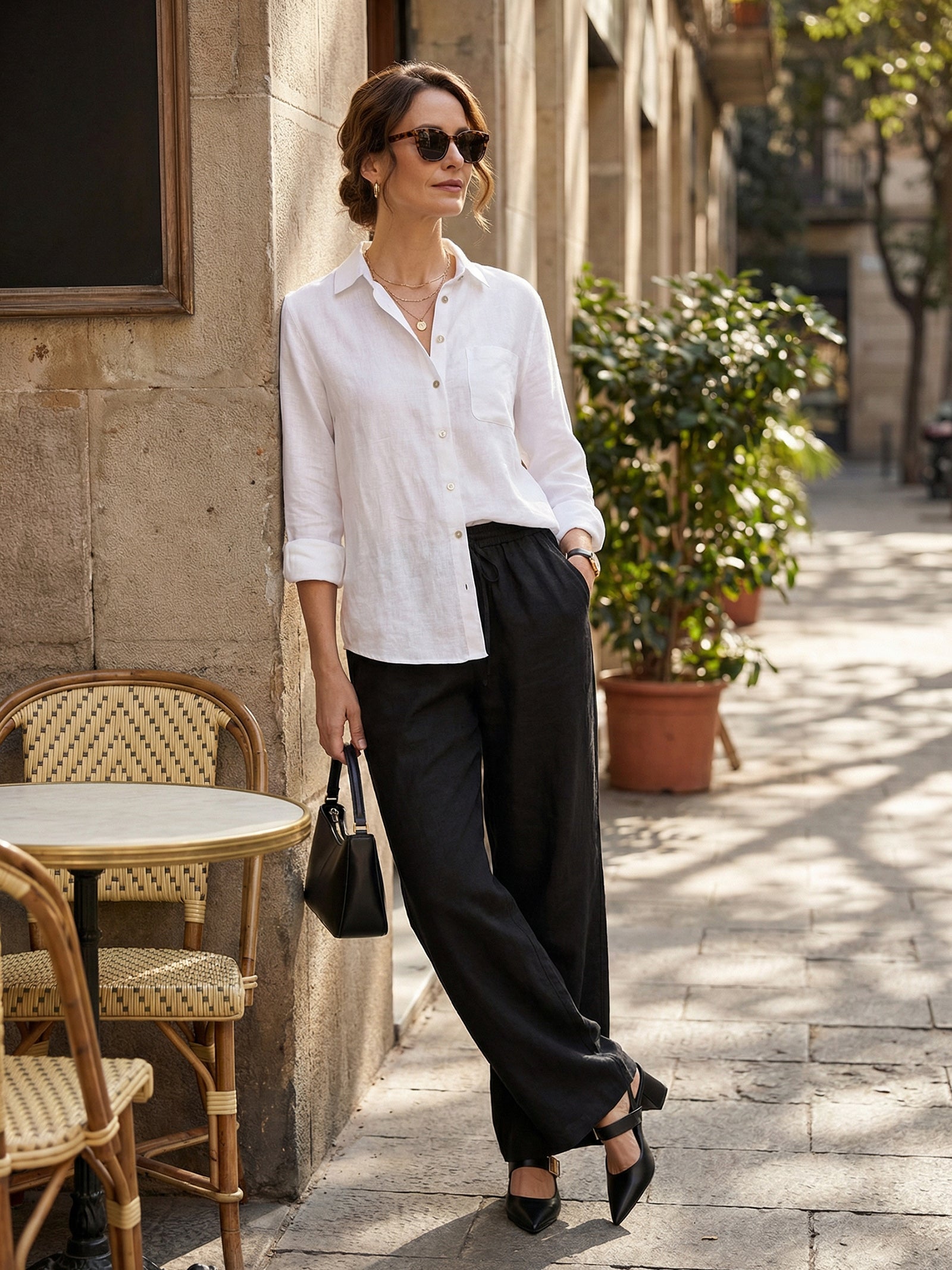 Pantalones de lino de pierna ancha con cordón para mujer-Pants for Women-Casaluzia
