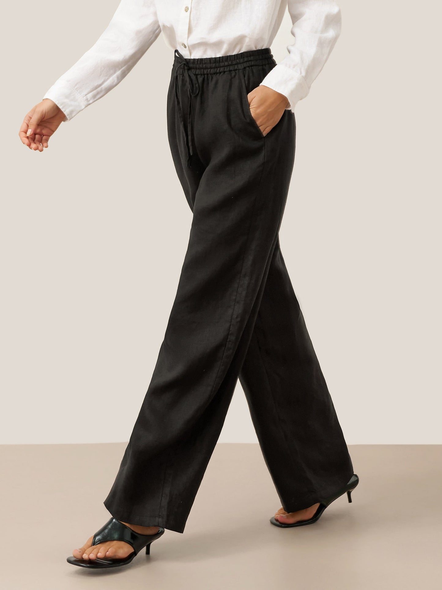 Pantalones de lino de pierna ancha con cordón para mujer-Pants for Women-Casaluzia