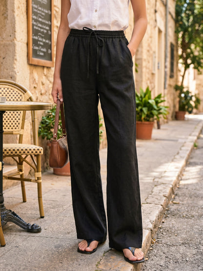 Pantalones de lino de pierna ancha con cordón para mujer-Pants for Women-Casaluzia