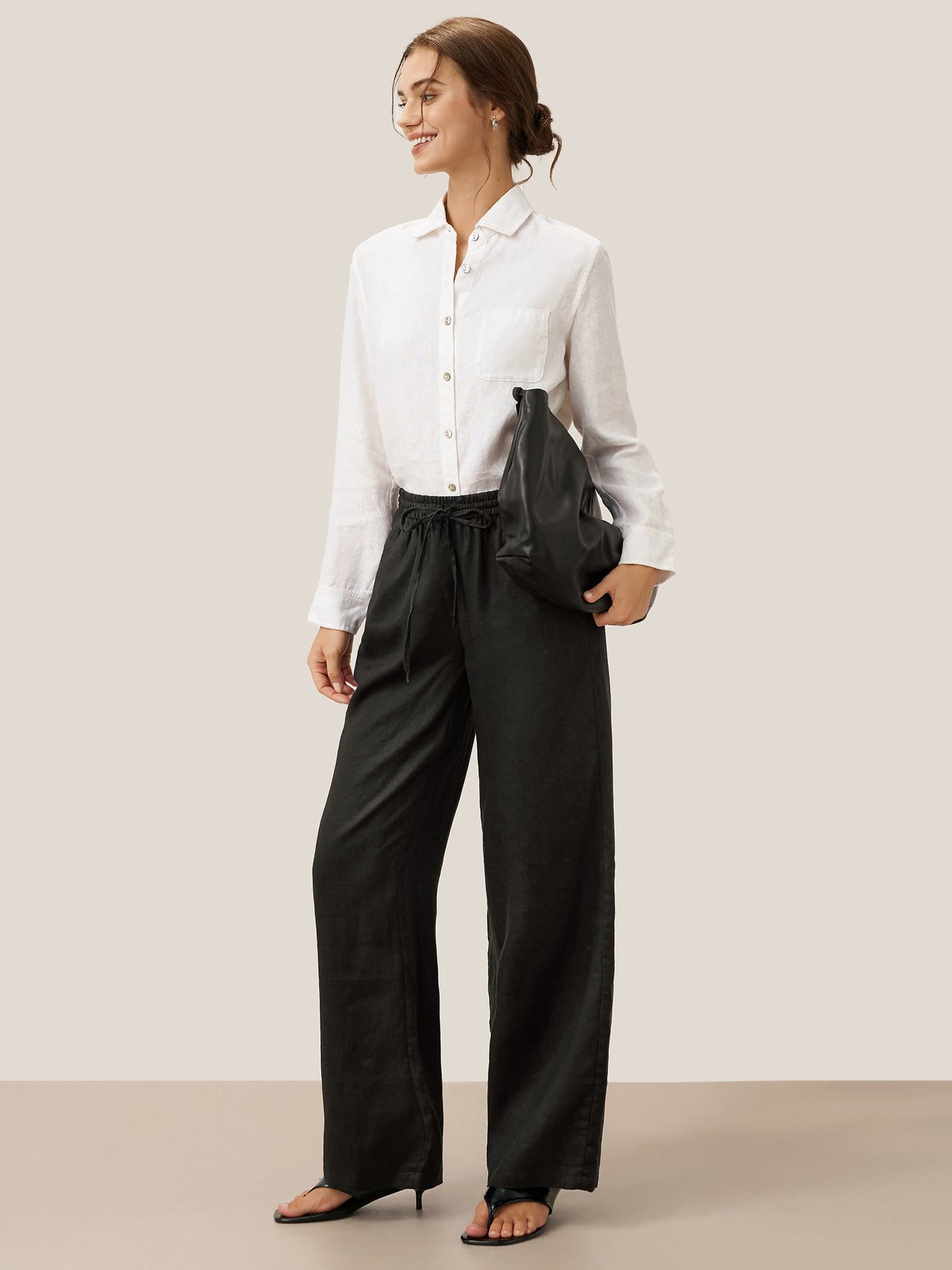 Pantalones de lino de pierna ancha con cordón para mujer-Pants for Women-Casaluzia