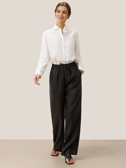 Pantalones de lino de pierna ancha con cordón para mujer-Pants for Women-Casaluzia