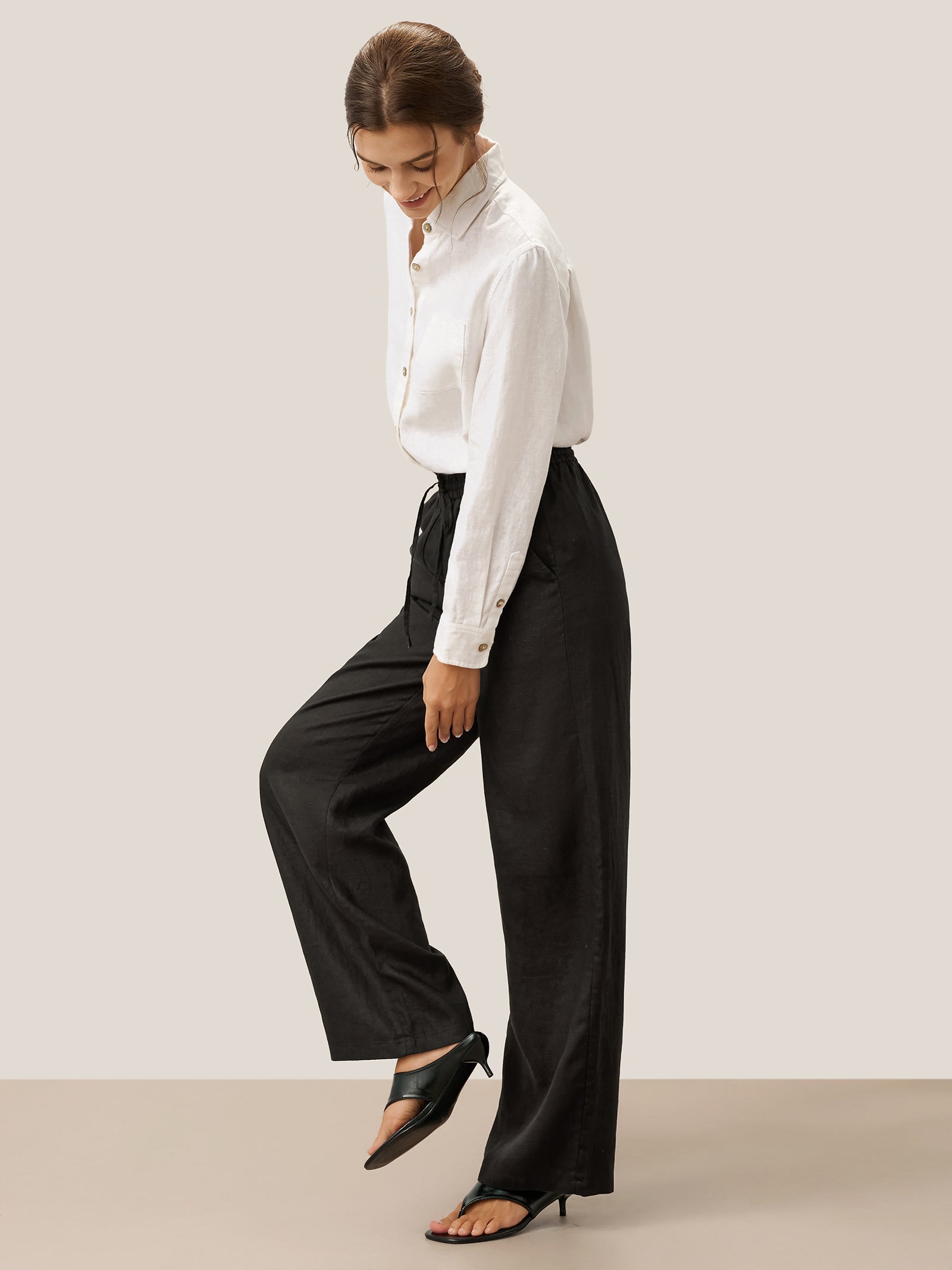 Pantalones de lino de pierna ancha con cordón para mujer-Pants for Women-Casaluzia