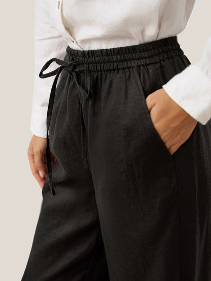 Pantalones de lino de pierna ancha con cordón para mujer-Pants for Women-Casaluzia