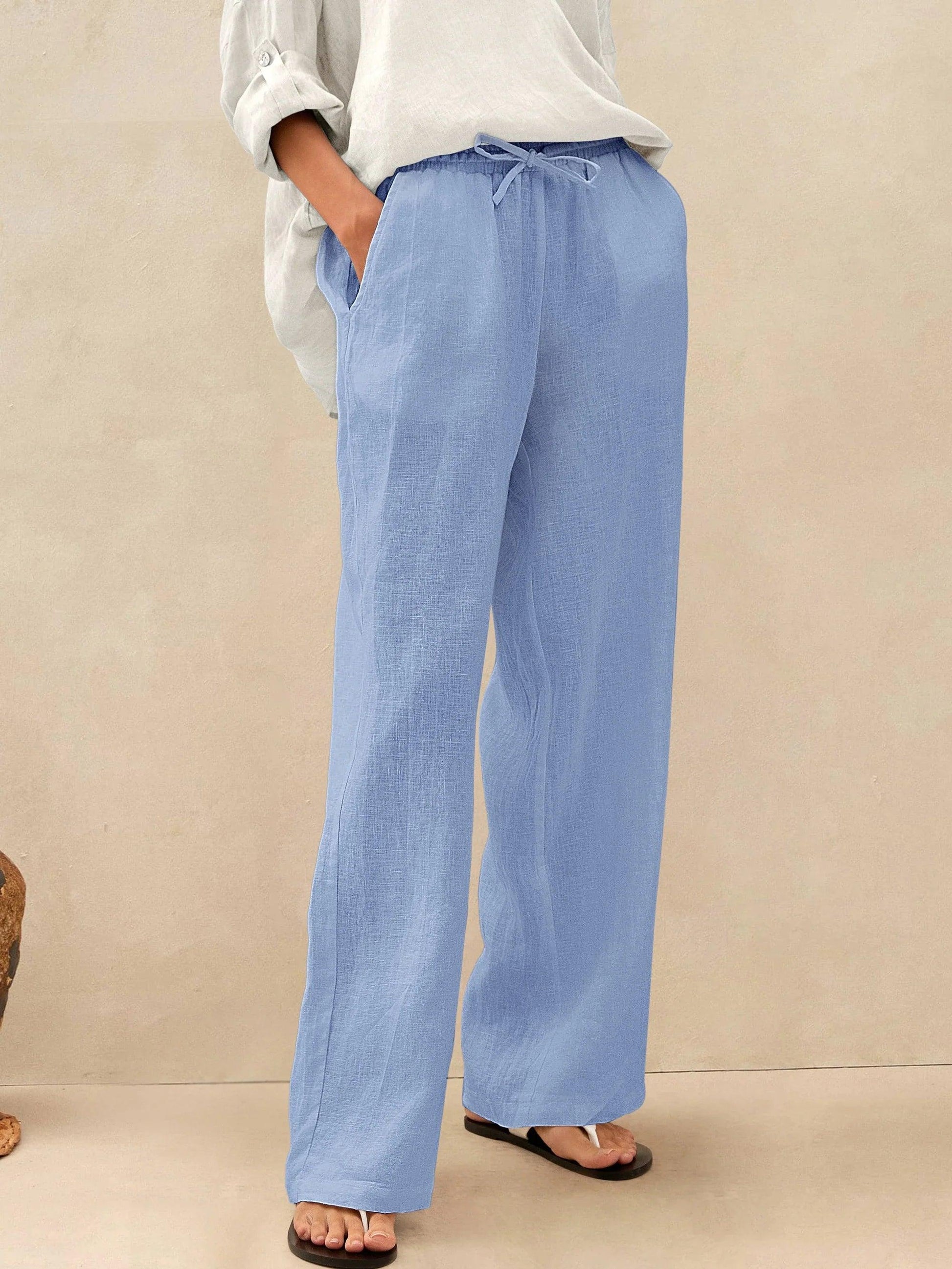 Pantalones de lino de pierna ancha con cordón para mujer-Pants for Women-Casaluzia