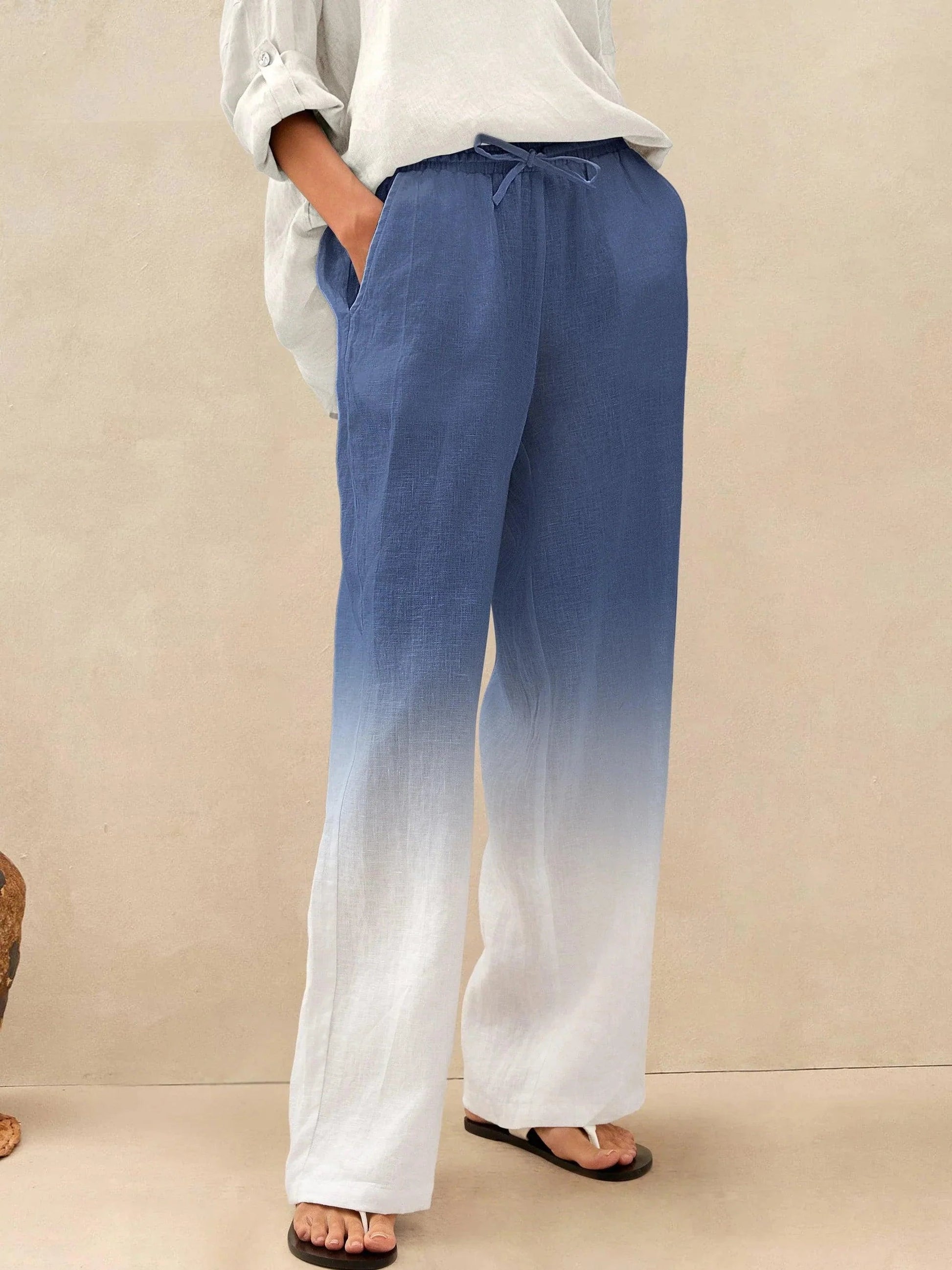 Pantalones de lino de pierna ancha con cordón para mujer-Pants for Women-Casaluzia