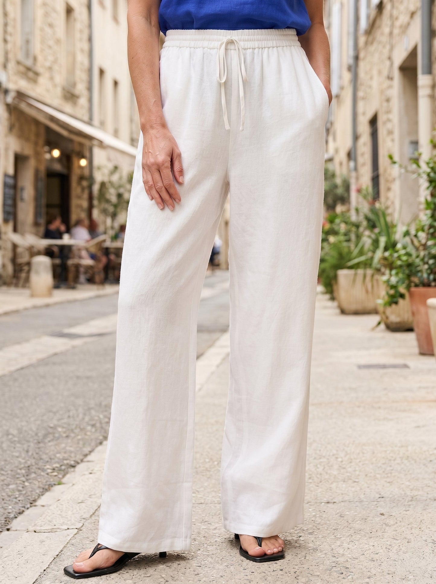 Pantalones de lino de pierna ancha con cordón para mujer-Pants for Women-Casaluzia