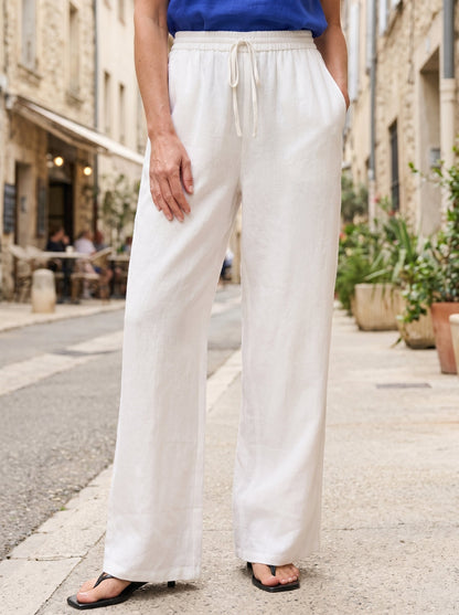 Pantalones de lino de pierna ancha con cordón para mujer-Pants for Women-Casaluzia