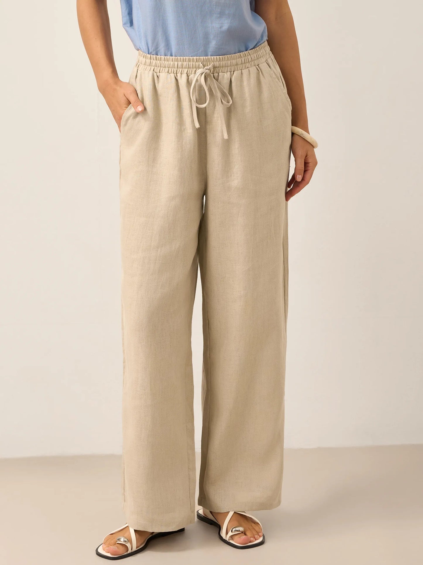 Pantalones de lino de pierna ancha con cordón para mujer-Pants for Women-Casaluzia