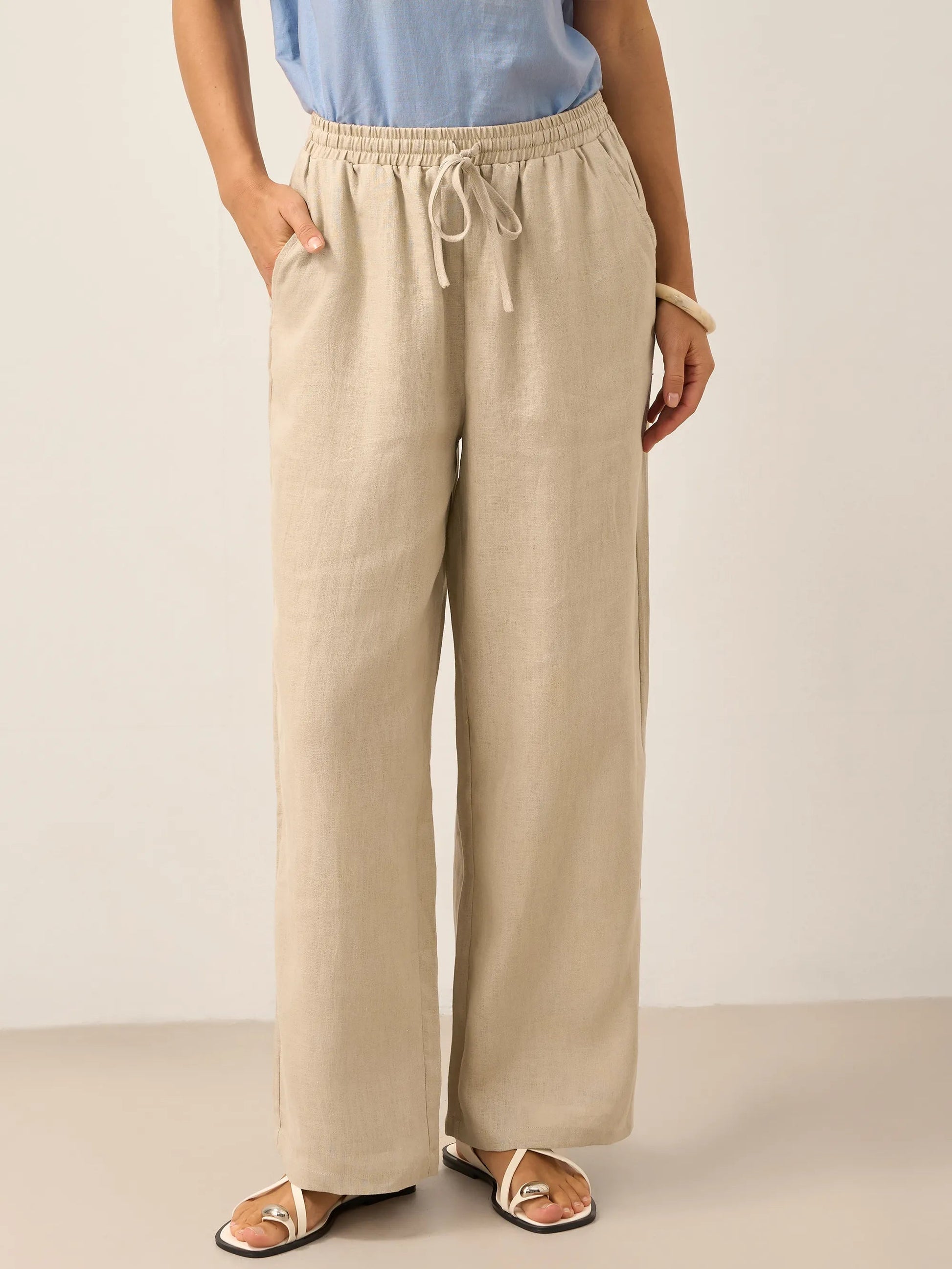 Pantalones de lino de pierna ancha con cordón para mujer-Pants for Women-Casaluzia