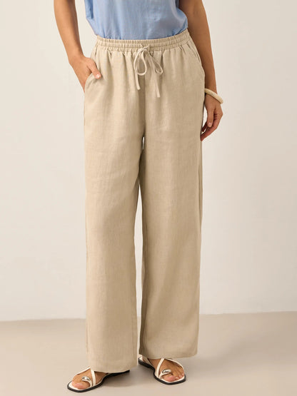 Pantalones de lino de pierna ancha con cordón para mujer-Pants for Women-Casaluzia