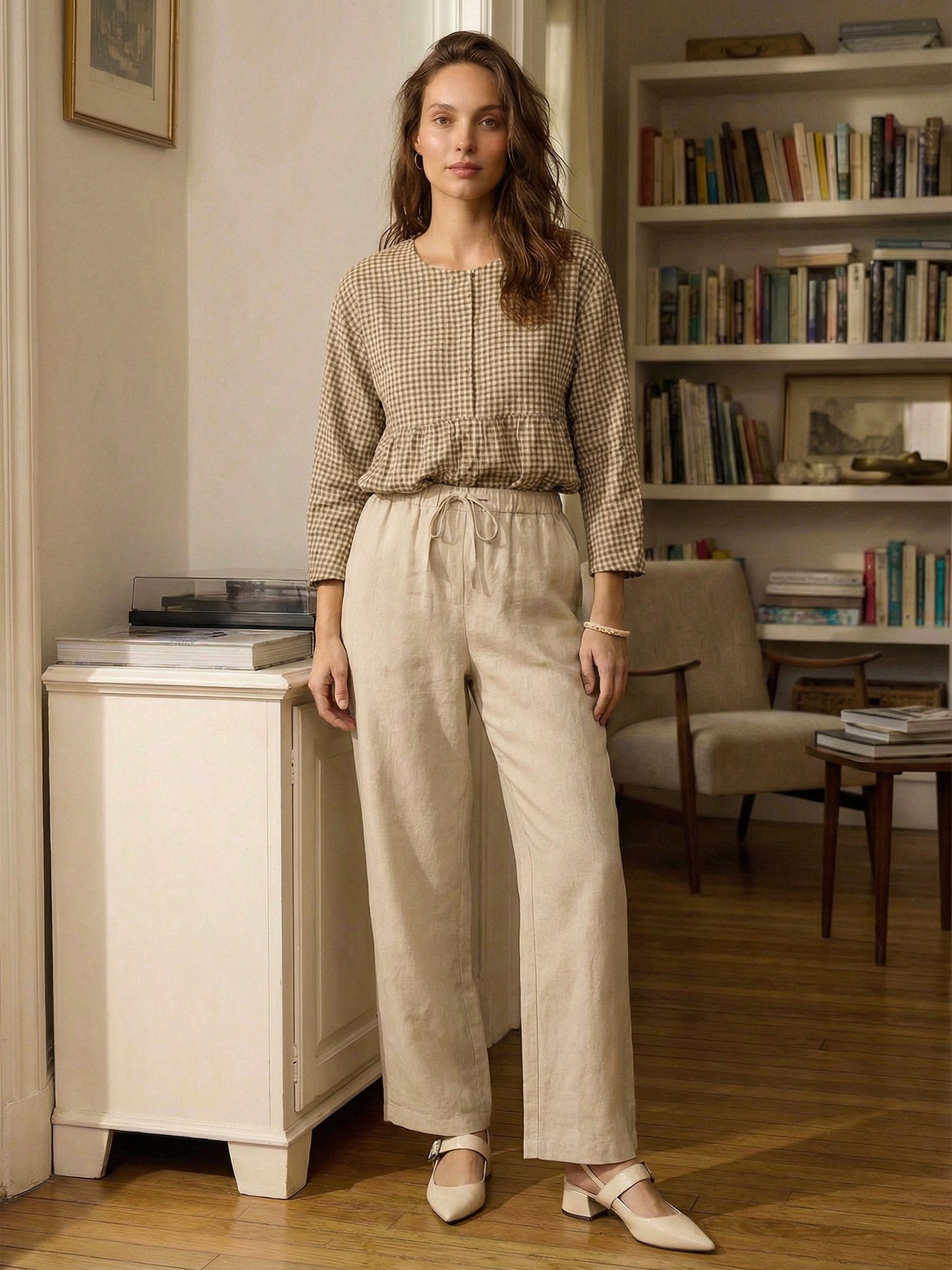 Pantalones de lino de pierna ancha con cordón para mujer-Pants for Women-Casaluzia