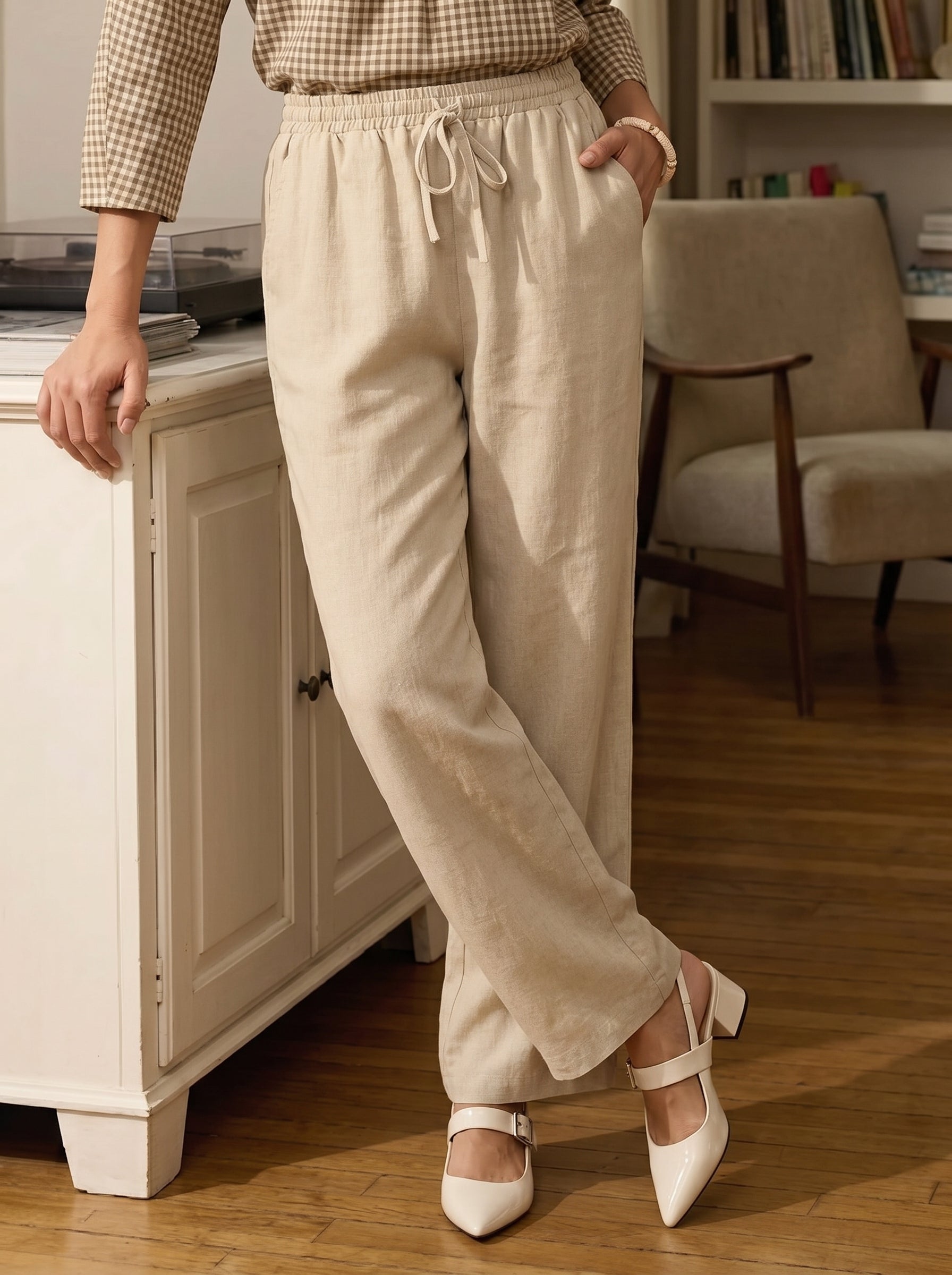 Pantalones de lino de pierna ancha con cordón para mujer-Pants for Women-Casaluzia