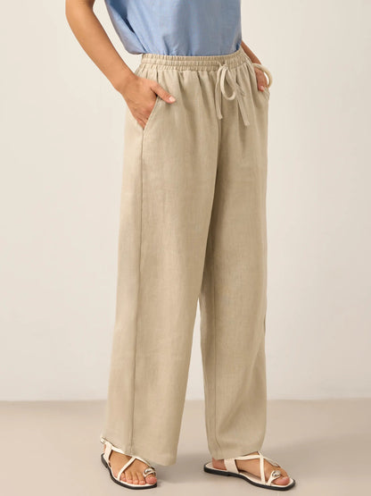 Pantalones de lino de pierna ancha con cordón para mujer-Pants for Women-Casaluzia