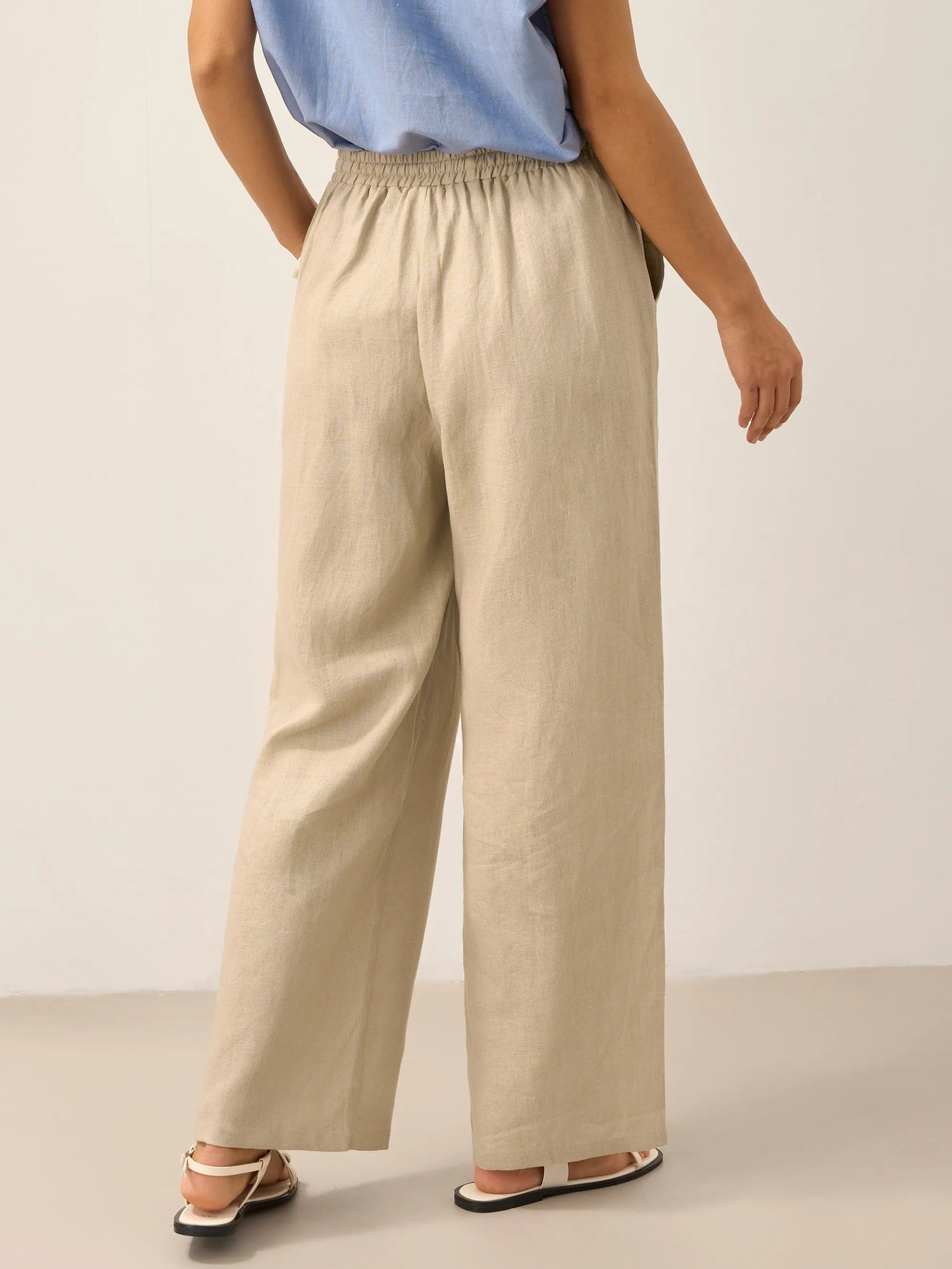 Pantalones de lino de pierna ancha con cordón para mujer-Pants for Women-Casaluzia