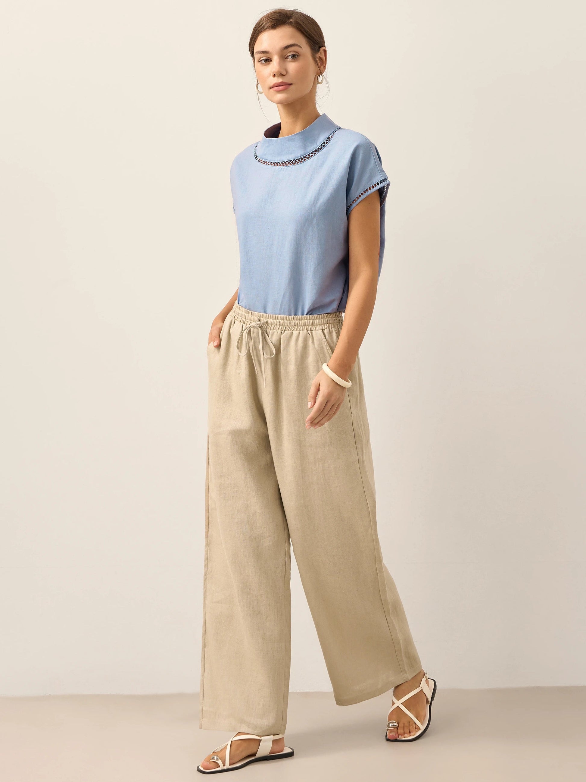 Pantalones de lino de pierna ancha con cordón para mujer-Pants for Women-Casaluzia
