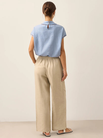 Pantalones de lino de pierna ancha con cordón para mujer-Pants for Women-Casaluzia