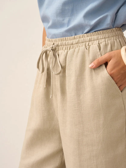 Pantalones de lino de pierna ancha con cordón para mujer-Pants for Women-Casaluzia