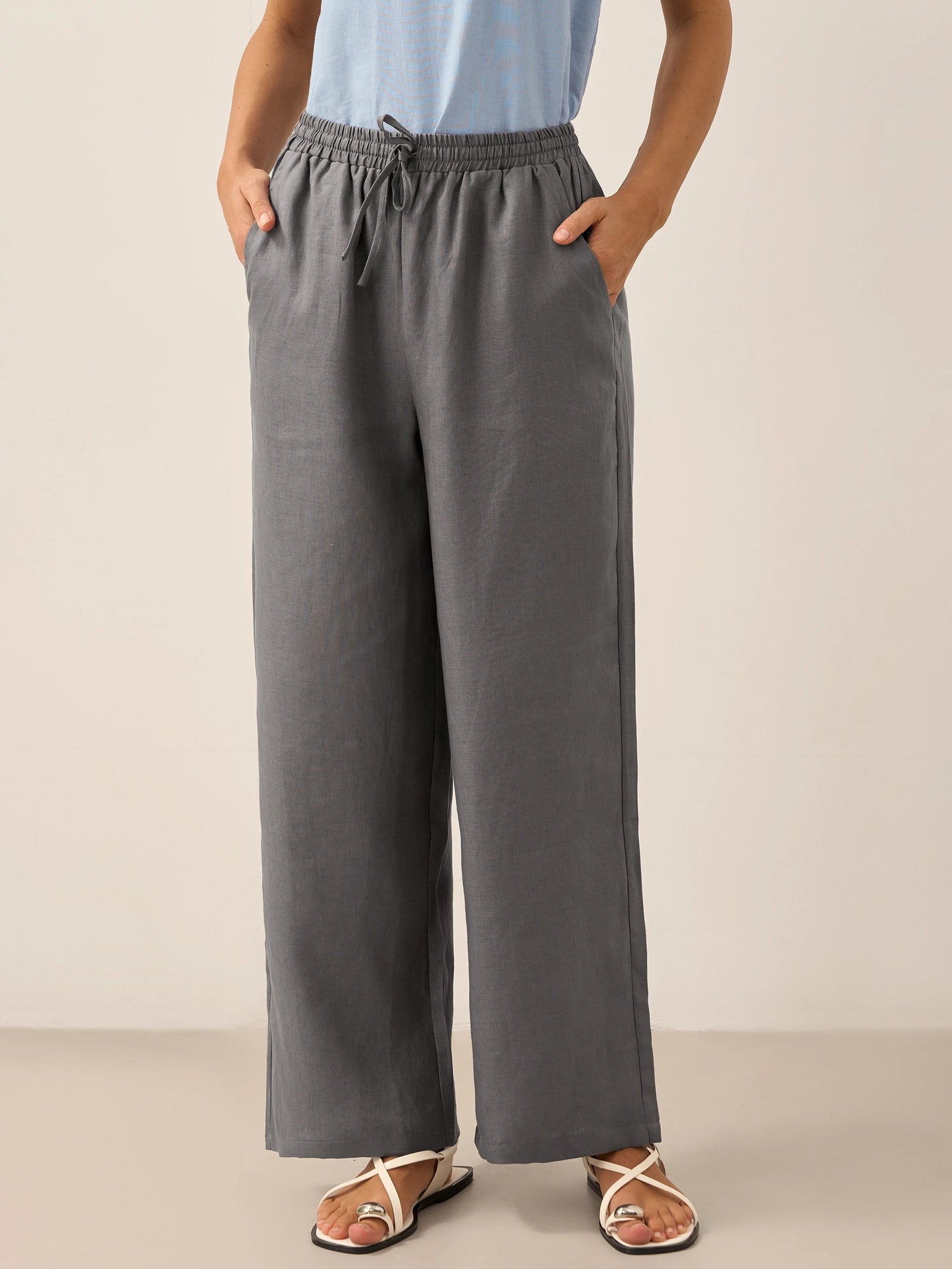 Pantalones de lino de pierna ancha con cordón para mujer-Pants for Women-Casaluzia