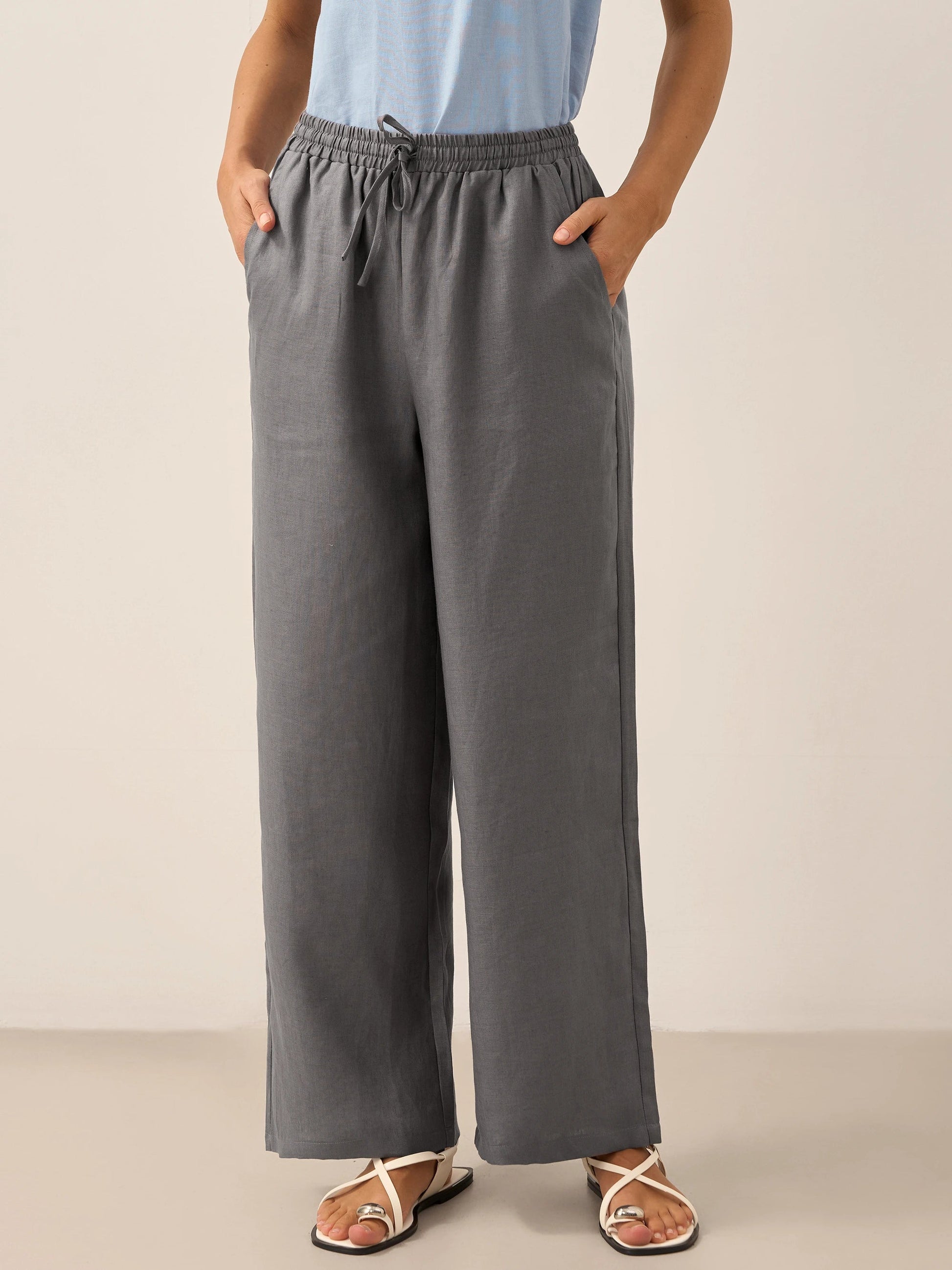 Pantalones de lino de pierna ancha con cordón para mujer-Pants for Women-Casaluzia