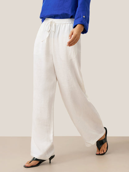 Pantalones de lino de pierna ancha con cordón para mujer-Pants for Women-Casaluzia