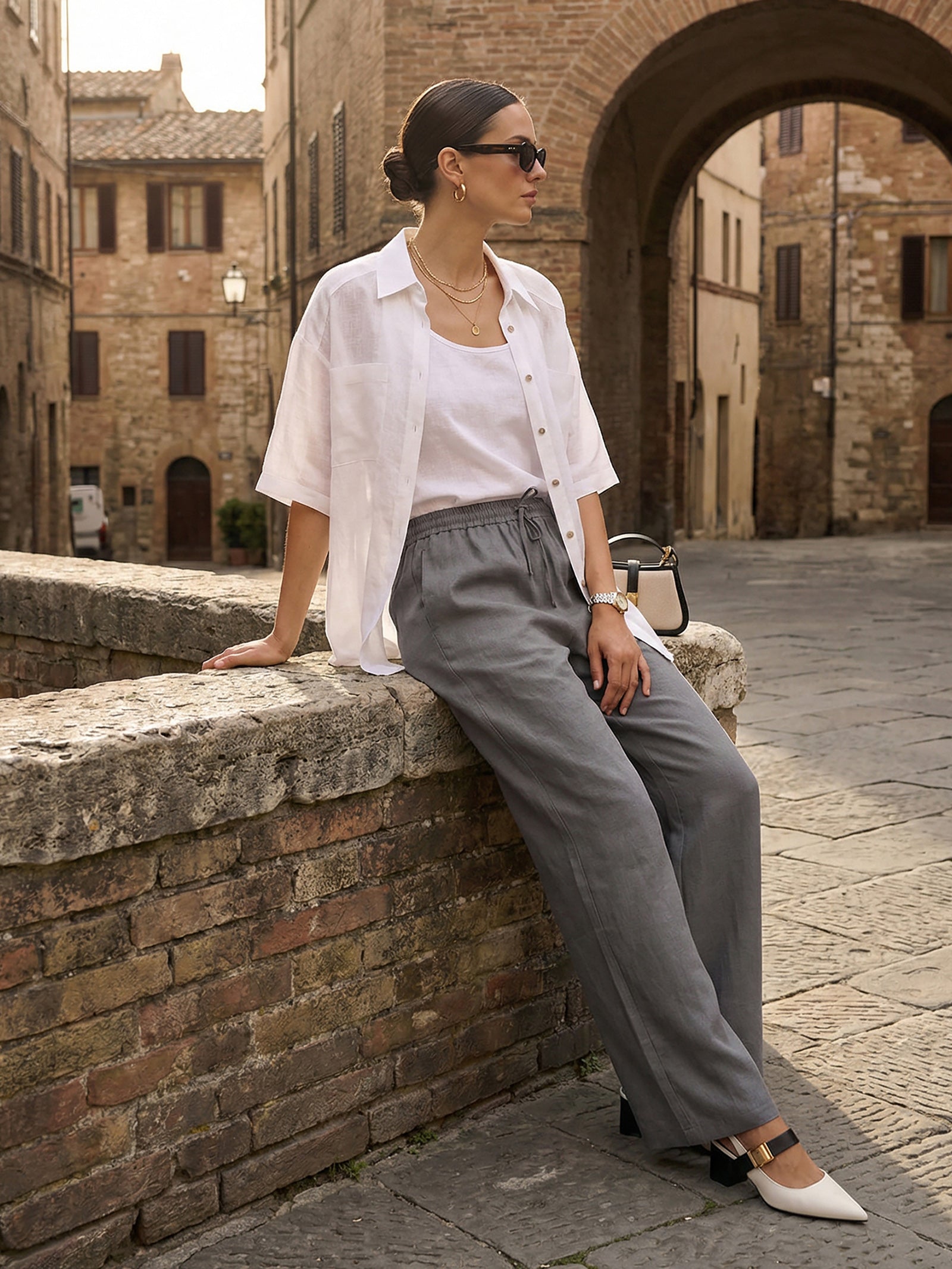 Pantalones de lino de pierna ancha con cordón para mujer-Pants for Women-Casaluzia