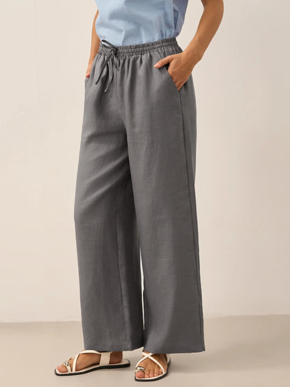 Pantalones de lino de pierna ancha con cordón para mujer-Pants for Women-Casaluzia