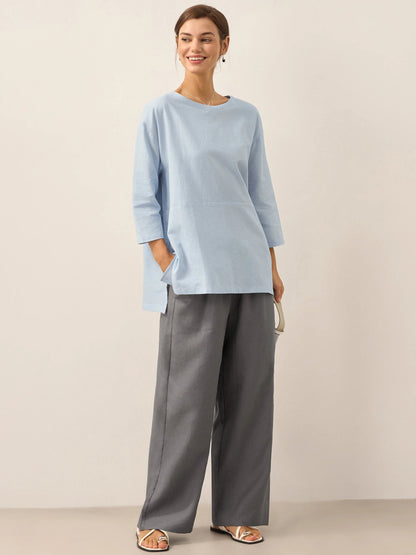 Pantalones de lino de pierna ancha con cordón para mujer-Pants for Women-Casaluzia