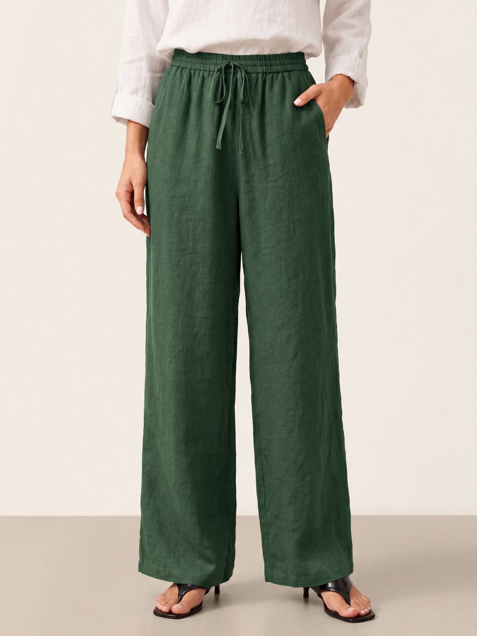 Pantalones de lino de pierna ancha con cordón para mujer-Pants for Women-Casaluzia