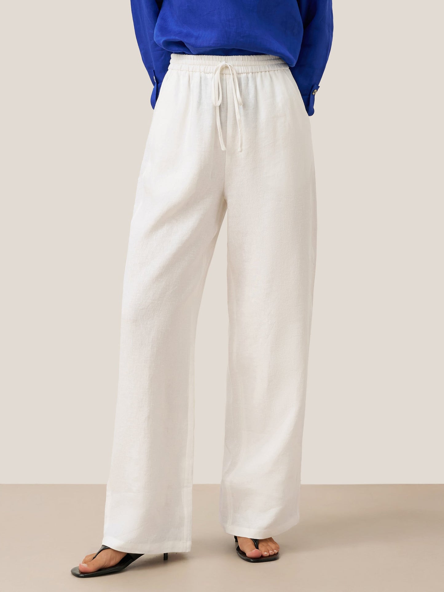 Pantalones de lino de pierna ancha con cordón para mujer-Pants for Women-Casaluzia