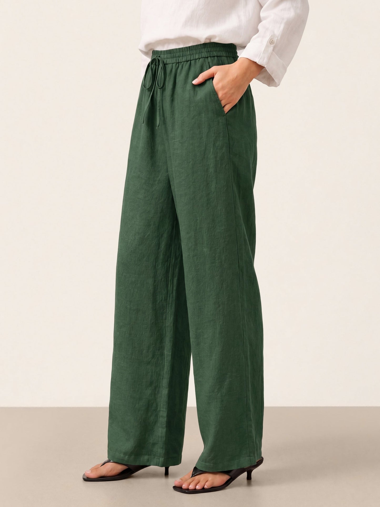 Pantalones de lino de pierna ancha con cordón para mujer-Pants for Women-Casaluzia